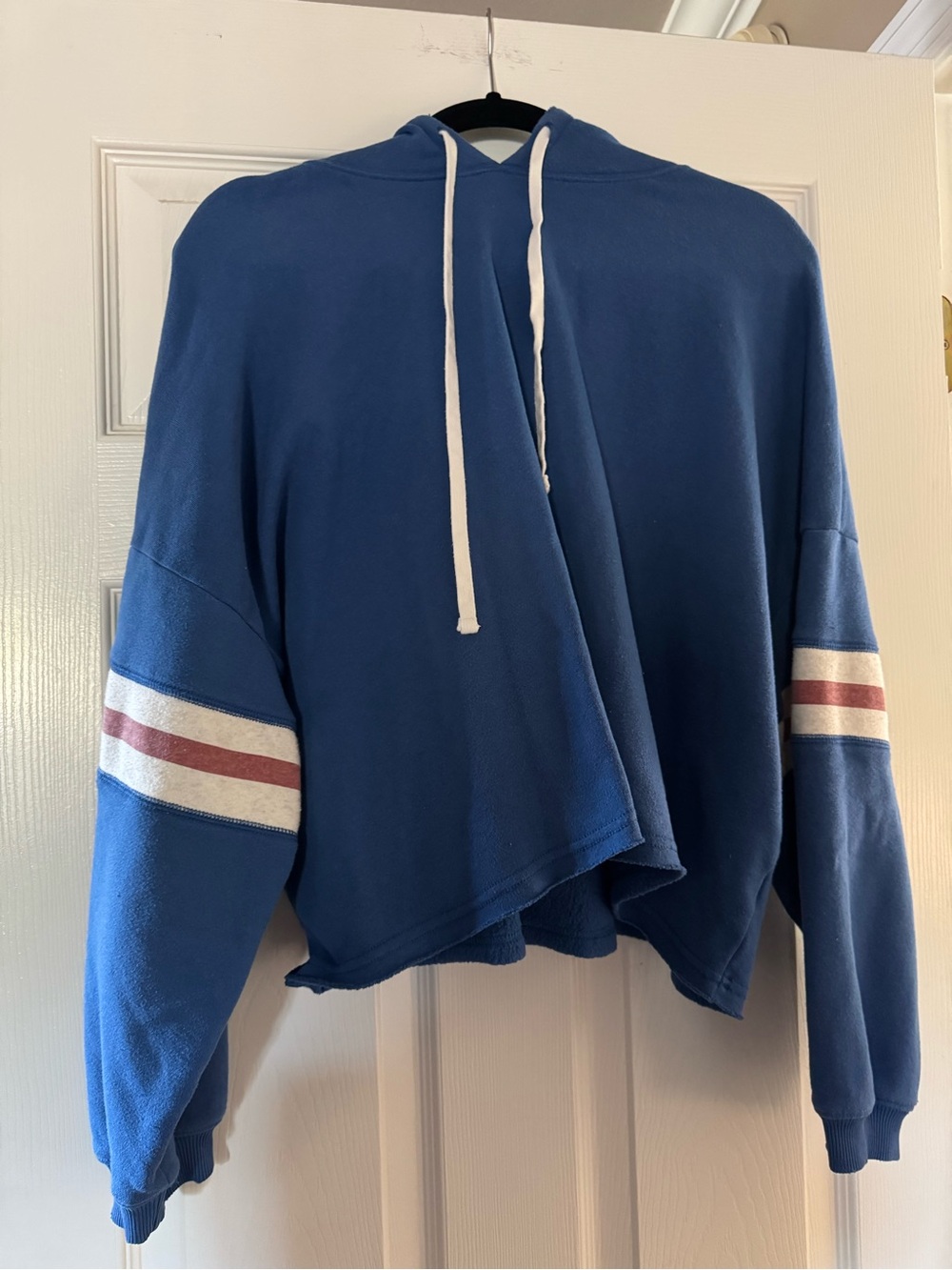 American Eagle Outfitters Navy Hooded Cropped Sweater with Stripe Sleeves